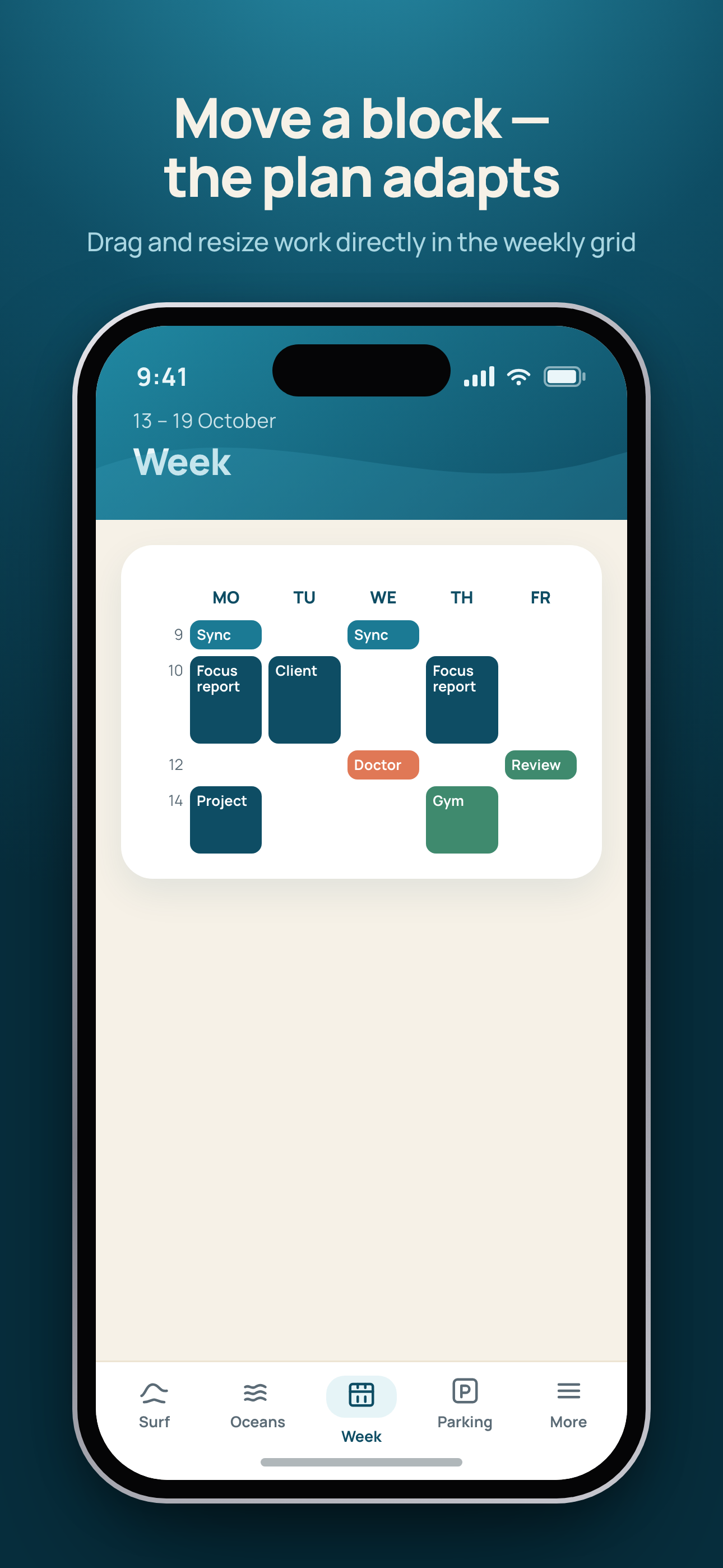 Weekly planning grid in Surf Planner